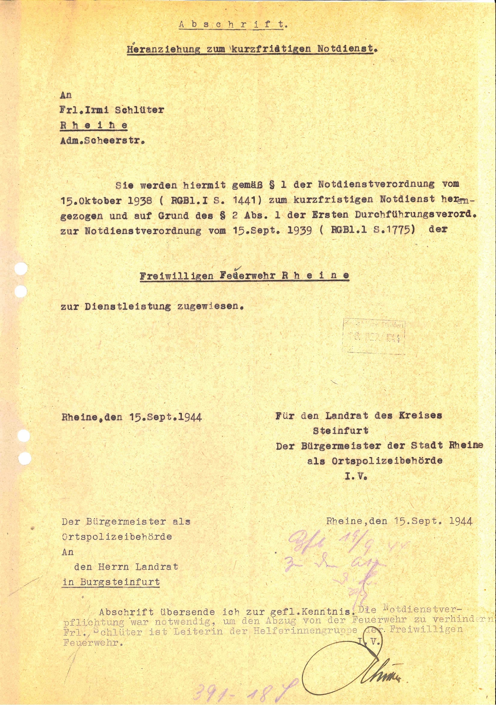 Schreiben an Irmi Schlüter zum Einzug in die Freiwillige Feuerwehr Rheine Schreiben an Irmi Schlüter zum Einzug in die Freiwillige Feuerwehr Rheine